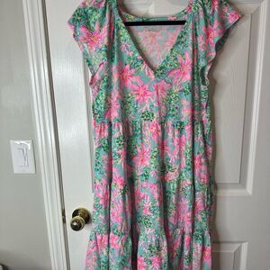 NWOT Medium Lilly Pulitzer Tiered Floral Dress in Pink and Green